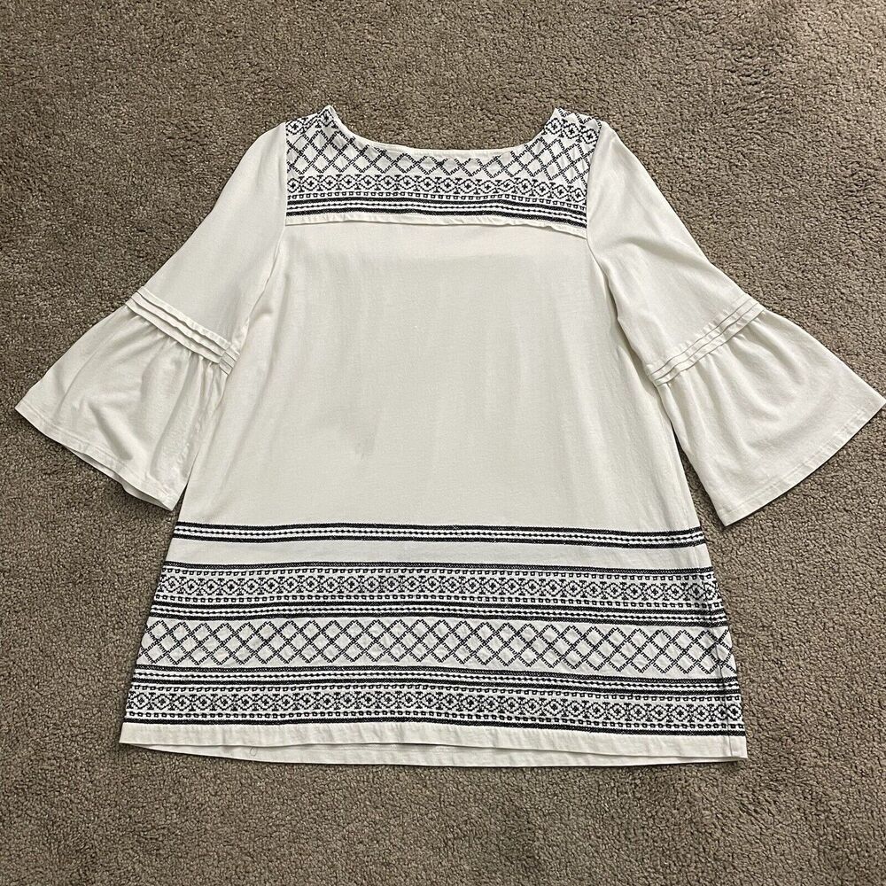 J. Jill Top Women’s Small Ivory Peasant Bell Sleeve Aztec Fair Isle Embroidered